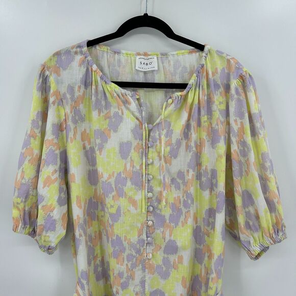 SABO Yellow Purple Orange Oversized Puff Sleeve Peplum Waist Tie Mini Dress 6 - Picture 7 of 11